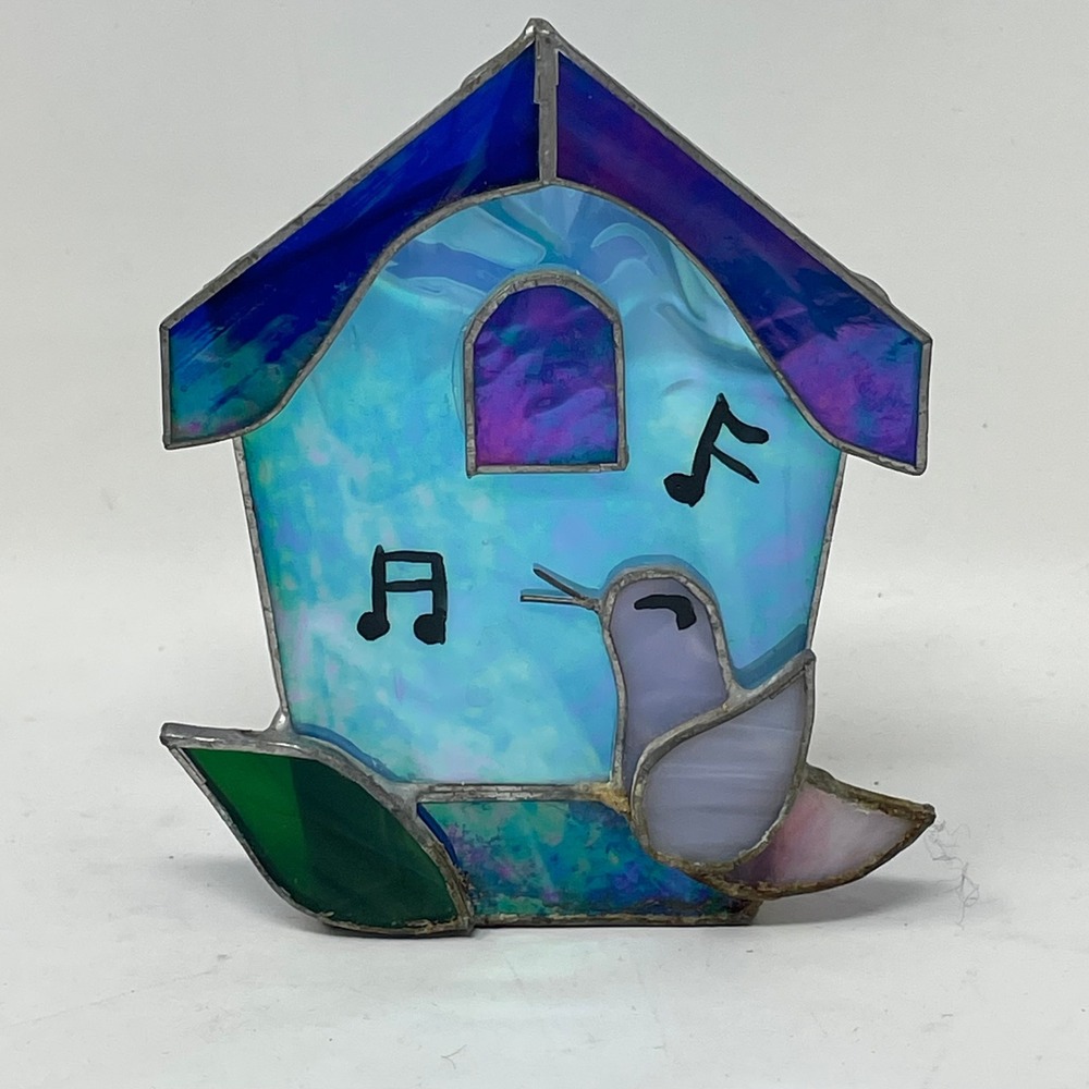 Vintage Stained Glass Birdhouse Tea Light Candle Holder Iridescent Blue Bird